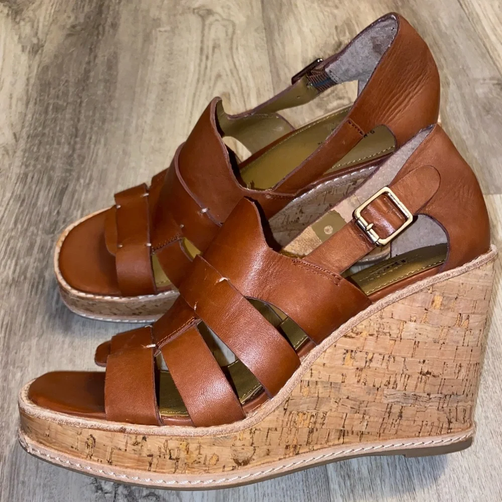 G HBass & Co Wedges Taylor Camel Brown Leather Strappy Platform Cork Heel sz 8M - Picture 3 of 16